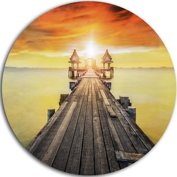Huge Wooden Pier Into Yellow Sun, Seascape Disc Metal Wall Art, 11"