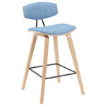 Armen Living - Fox Swivel Counter Height Bar Stool With Light Blue and Patterned Oak - Whether drawn up to a sleek kitchen island or rounding out your home bar with a perfect perch, the Fox Stool Collection delivers versatile seating with timeless modern style. This mid-century-inspired stool features a gently curved back and padded seat, designed with high-density foam for lasting comfort during long meals or casual lounging. The medium-high back provides just the right amount of support while promoting healthy posture. Framed in durable layered hardwood and paired with a powder-coated steel footrest, each stool balances style and function with ease. Upholstery options now include rich vegan leather or soft-touch performance fabric in a variety of finishes ' including speckled textures in brown and blue, and smooth woven fabrics in white, light blue, and grey. Frame finishes range from walnut and black brushed wood to patterned oak, giving you flexibility to match your aesthetic. Whether you lean classic, Scandinavian, or contemporary, the Fox stool adapts seamlessly to your space. Choose from counter height or bar height to suit your kitchen island, breakfast nook, dining area, or home bar. With its clean lines and supportive construction, Fox is built to elevate your space ' and built to last.