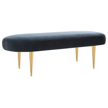 Modern Upholstered Bench, Golden Legs & Velvet Seat With Oval Shape, Navy