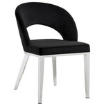 Meridian Furniture - Roberto Velvet Upholstered Dining Chair, Black, Chrome - Seat dinner guests in elegant style with the Roberto black velvet dining chair from Meridian Furniture. This fabulous chair features a rounded back with strategically placed opening for visual beauty and to allow air flow while you dine. The rich black upholstery is chic and modern, and it has a soft feel against the skin. This chair rests on iron legs for superb support, and each leg is finished in chrome for a modish slant that meshes well with your up-to-the-minute dining room decor.