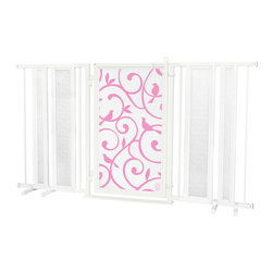 Fusion Gates - Fusion Gate with Songbirds in Pink Design, White Pearl, 65"-71.4" - Dog Gates