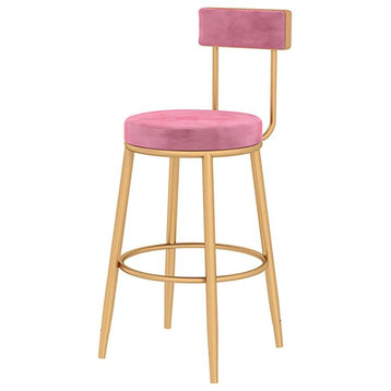 Nordic-Styled Minimalistic Bar Stool With Backrest, Pink, H29.5", Gold Legs