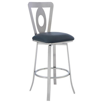 Armen Living Lola 30" Faux Leather & Metal Bar Stool in Stainless Steel/Gray