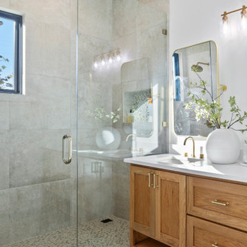 Modern Lakeside Farmhouse Bathroom with Walk-In Shower and Natural Wood Vanity