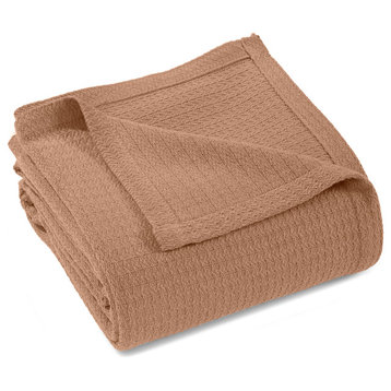 100% Cotton Waffle Stitch Blanket Bed Throw, Camel, Throw