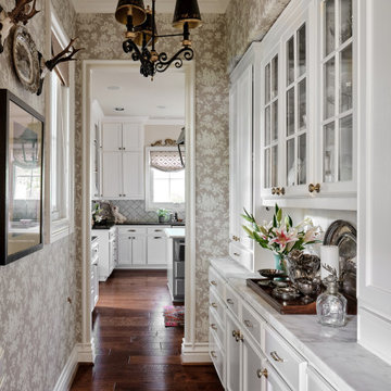 country cottage kitchen wallpapered and off white painted cabinets