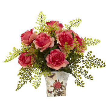 Rose and Maiden Hair With Floral Planter, Dark Pink