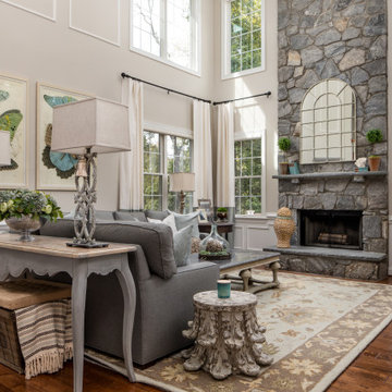 Two Story Family Room with Jute Rope Chandelier