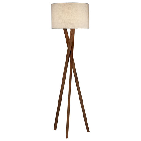 Contemporary Floor Lamp, Walnut Wood Tripod Legs With Drum Shaped Shade