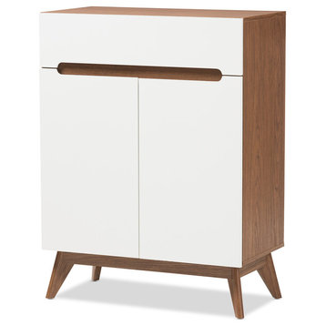 Calypso Mid-Century Modern White and Walnut Wood Storage Shoe Cabinet