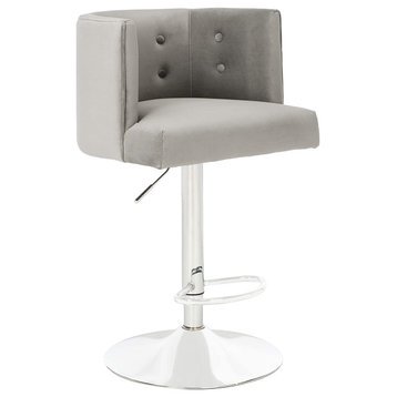 Luxurious Bar Stool, Silver Base and Velvet Seat With Rounded Backrest, Light Gr