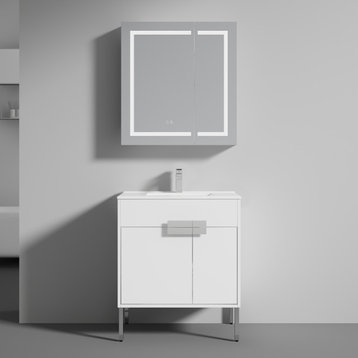 Freestanding Bathroom Vanity with Sink, Wood Bathroom Vanity Cabinet, Matte White, 30"