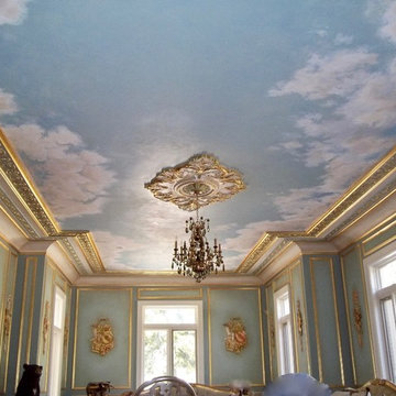 Sky Mural & Gilded Plaster Musical Instrument Motifs