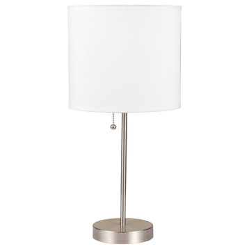 20" Silver Metal Candlestick Table Lamp With White Classic Drum Shade