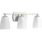 Progress Lighting - Leap 3-Light Bath - Leap vanity fixtures feature tapered etched glass shades to complement contemporary design trends. Uses (3) 100-watt medium bulbs (not included).