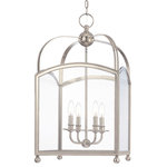 Hudson Valley Lighting - Millbrook, 16-inch Cube Pendant, Polished Nickel Finish, Clear Glass Shade - Metal arches and ultra-clear glass panes draw inspiration from the distinct architecture of England's venerable universities. Millbrook's handsome historic design brings to mind the wingback chairs, wood panel walls, and leather-bound volumes of a sumptuous library.