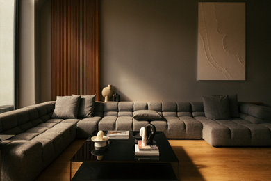 Ejemplo de salón abierto contemporáneo grande sin chimenea y televisor con paredes grises, suelo de madera clara, suelo beige, madera y boiserie