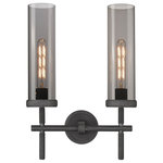 Innovations Lighting - Lincoln, 2 Light 12" Vanity Light, Weathered Zinc, Plated Smoke Glass - The Lincoln collection makes a statement with bold and striking details. The impressive glass cylinder shade sits atop a refined metal frame that features perfectly placed knurling details. Lincoln is a gorgeous addition to traditional or restoration decor.