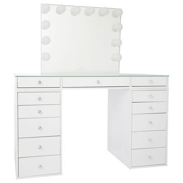 SlayStation Plus 2.0 Tabletop Vanity Mirror 5 Drawer Units Bundle, Bright White, Frosted Led Globe Bulbs (Cool White)