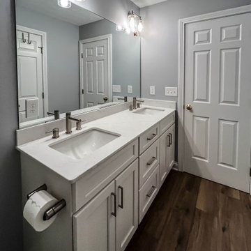 Guest Bathroom Featuring White Icing Vanity and Alabaster Marble Shower