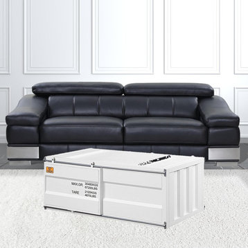 Modern Industrial Coffee Table, Cargo Container Design With Sliding Doors, White