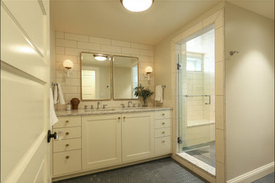 Mid-sized transitional kids' white tile and porcelain tile porcelain tile, gray floor and double-sink shower bench photo in Portland with shaker cabinets, white cabinets, white walls, an undermount sink, quartz countertops, a hinged shower door, white countertops and a built-in vanity