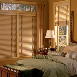 Rustic Beige Bedroom Custom Window Horizontal Blinds by Hunter Douglas - Venetian Blinds