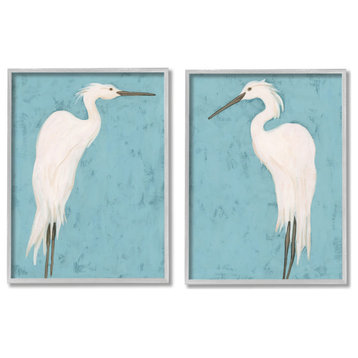 Nautical Heron Casual Coastal Bird Distressed Blue Painting, 2pc, each 16 x 20