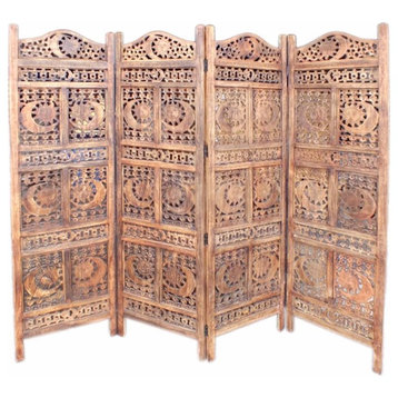Benzara Hand Carved Sun/Moon Design Foldable 4-Panel Wooden Room Divider, Brown