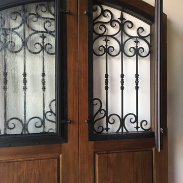 Round Top Iron Grille Operational Wood Artistic Double Door