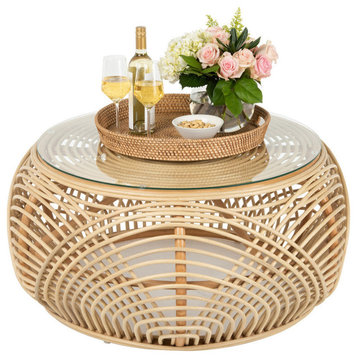 Sibago Rattan Coffee Table With Glass Top, Natural