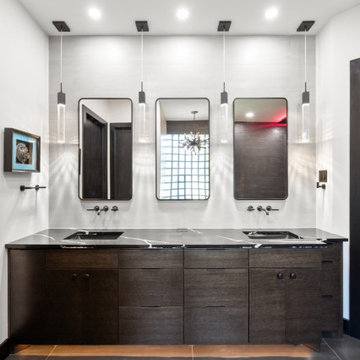 Contemporary Dual Vanity with Framed Mirrors and Black Fixtures