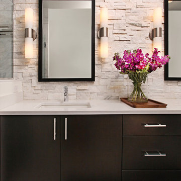 Rough-Hewn Stone Backsplash in Modern Master Bath