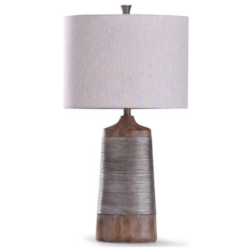 Haverhill Textured Coil Banded Table Lamp, Wood and Silver Finish, Oatmeal Shade