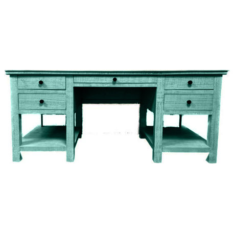 Rustic Executive Home Office Desk With Open Storage, Aqua Fiesta