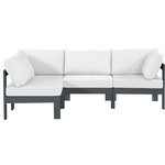 Meridian Furniture - Nizuc Water Resistant Patio L-Shaped Modular Sectional, White, 4-Piece: 2 Armless Chair, 2 Corner Chair, Dark Gray Aluminum Frame - Pick and choose your favorites from the Nizuc collection to create a modular seating group the whole gang will enjoy. The sturdy aluminum frame provides dependable support for friends and family as they relax and unwind, and the resilient white water resistant fabric stands up to the elements without losing its beautiful demeanor, so you can count on it lasting for the long haul. Latches beneath these seating pieces help you easily attach them to one another for convenient setup.