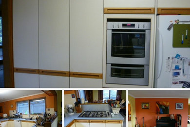メルボルンにあるお手頃価格のコンテンポラリースタイルのおしゃれなキッチン (白いキャビネット、ラミネートカウンター、石タイルのキッチンパネル、シルバーの調理設備、白いキッチンカウンター) の写真