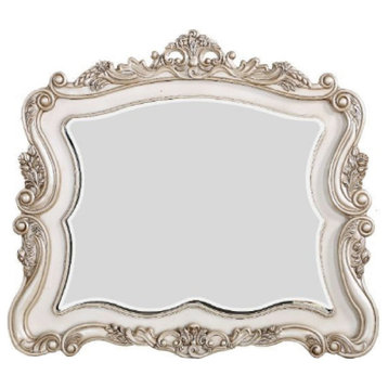 Benzara BM275074 Wood Mirror, Scalloped, Scroll Ornate Trim, Antique White