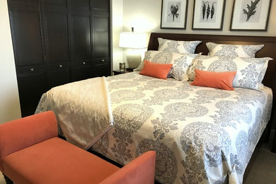 Small transitional guest carpeted bedroom photo in Other with gray walls
