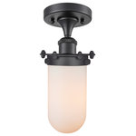 Innovations Lighting - Kingsbury 1-Light LED Flush Mount, Matte Black, White - The Austere makes quite an impact. Its industrial vintage look transports you back in time while still offering a crisp contemporary feel. This sultry collection has a 180 degree adjustable swivel that allows for more depth of lighting when needed.