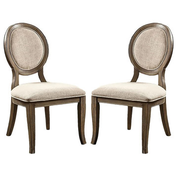 Set of 2 Dining Chair, Padded Seat With Oval Shaped Backrest, Dark Oak/Beige