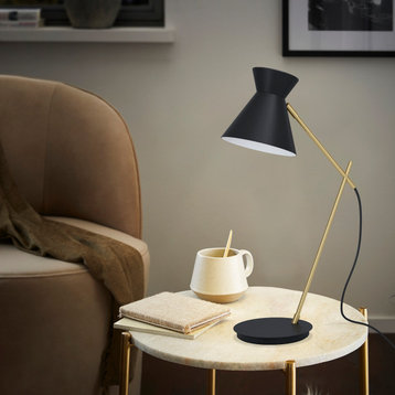Amezaga 1-Light Table Lamp, Structured Black/Brushed Brass, Black/White Shade