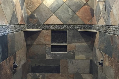 Example of a large classic master multicolored tile slate floor bathroom design in Portland with beige walls