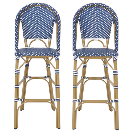 Grelton Outdoor Aluminum French Barstools (Set of 2), Dark Teal + White + Bamboo Finish