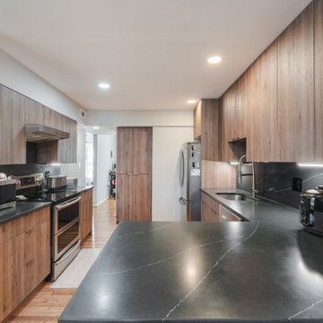 Modern Kitchen Remodel with Flat-Surface Wood-Look Cabinets