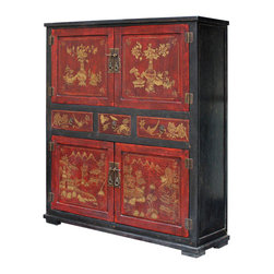 Chinese Fujian Black Red Golden Graphic Armoire Storage Cabinet - Armoires And Wardrobes