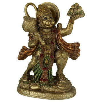 Gold Finish Flying Hanuman Carrying Herb Bearing Mountain Statue
