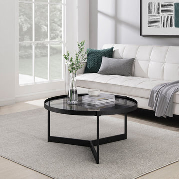 Contemporary Coffee Table, Y-Shaped Black Metal Base and Round Smoked Glass Top