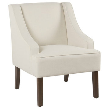 Fabric Upholstered Wooden Accent Chair With Swooping Armrests, Cream And Brown