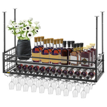 Ceiling Wine Glass Rack Hanging Wine Holder Cabinet, Black, 47.2x11.8 Inch